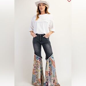 Easel Patchwork Flare Jeans - charcoal stretch